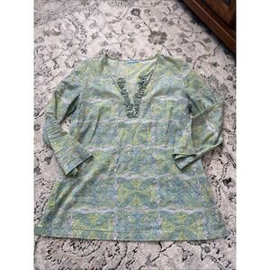 J McLaughlin Small 3/4 Sleeve Cotton Tunic Shirt Ruffle V Neck Green White Geo